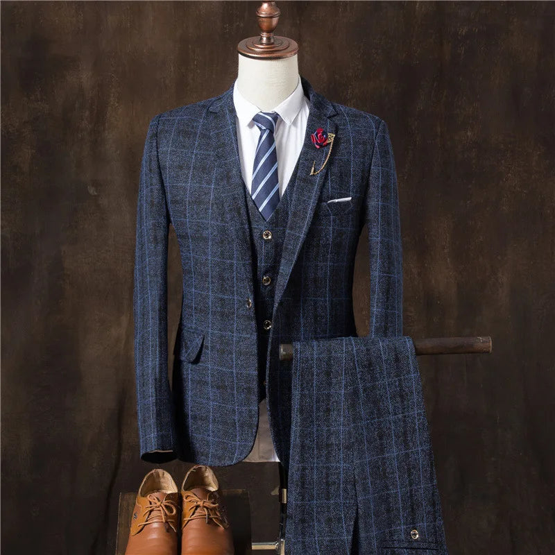 Men's Vintage Plaid Three-piece Slim Suit