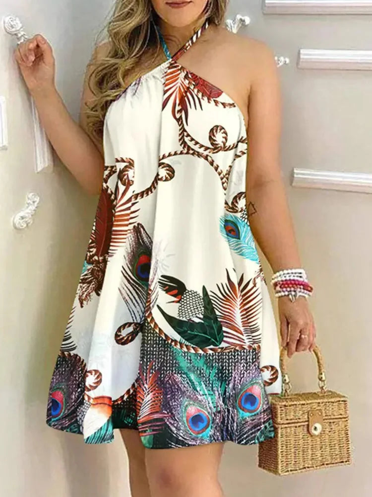 Women's Tropical Halter Backless Dress