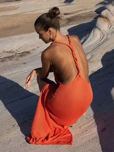 Women Orange Backless Slit Beach Dress