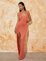 Load image into Gallery viewer, Women Orange Backless Slit Beach Dress
