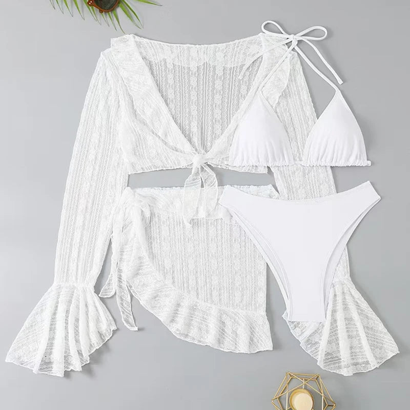 Women's 4 Piece Bikini Swimwear With Trim Cover Up Swimsuit Set