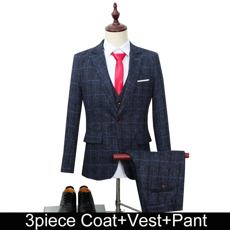 British Style Retro Plaid Single-breasted Long Sleeve Men Three-piece Suits