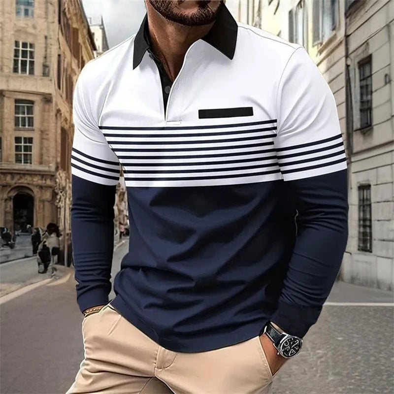 Men's Horizontal Stripes Graphic Athleisure Polo Long Sleeve Shirt