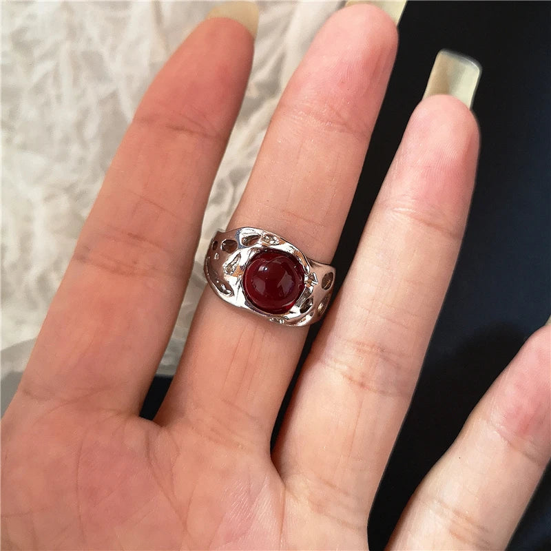 Women Irregular Red Crystal Glass Heart Aesthetic Rings