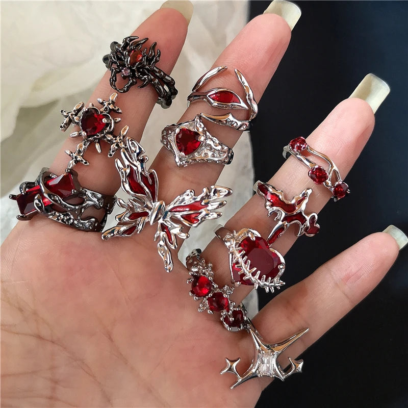 Women Irregular Red Crystal Glass Heart Aesthetic Rings