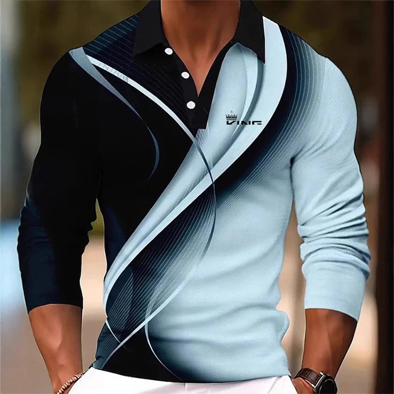 Long-sleeve polo shirt with black and light blue design, featuring a brand logo.