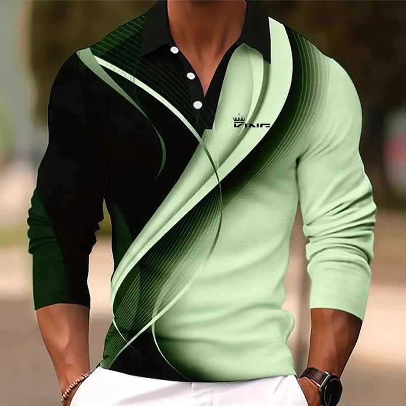 Green and black patterned long-sleeve shirt worn by a person with a blurred background
