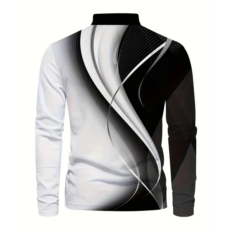 Long-sleeve shirt with black and white abstract design on a white background