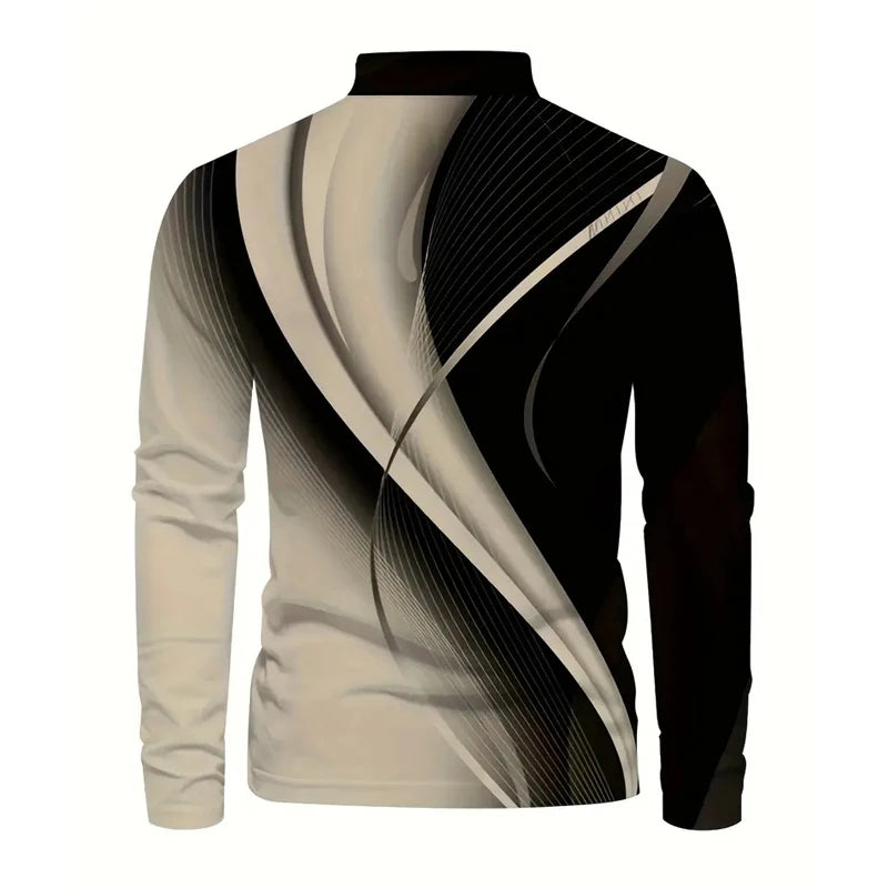 Long-sleeve shirt with black and beige abstract pattern on a white background