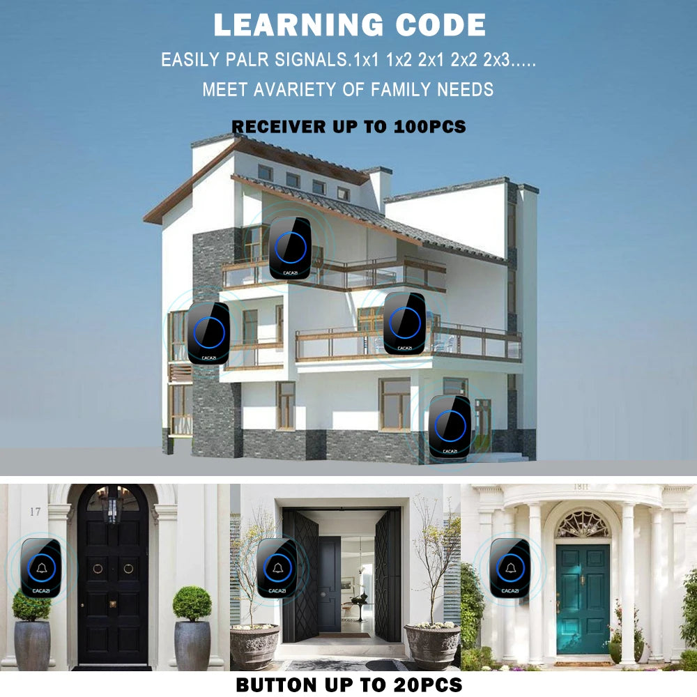CACAZI Wireless Waterproof Doorbell 300m Range