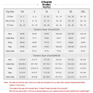 Size chart for tankinis with measurements in centimeters and inches, including brand 'Charm Leaks'.