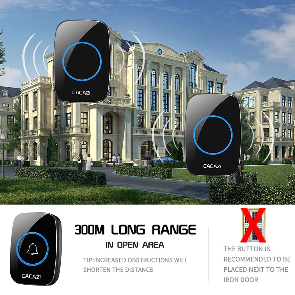 CACAZI Wireless Waterproof Doorbell 300m Range