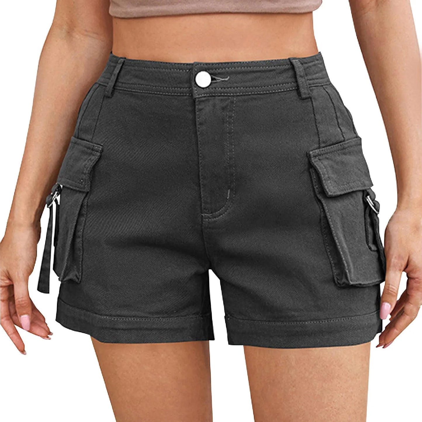 Cargo Knee Length Elastic Waist Shorts For Women.