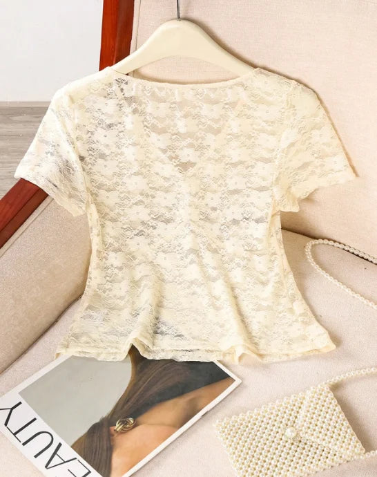 Lace Short Sleeved Beach Top For Women
