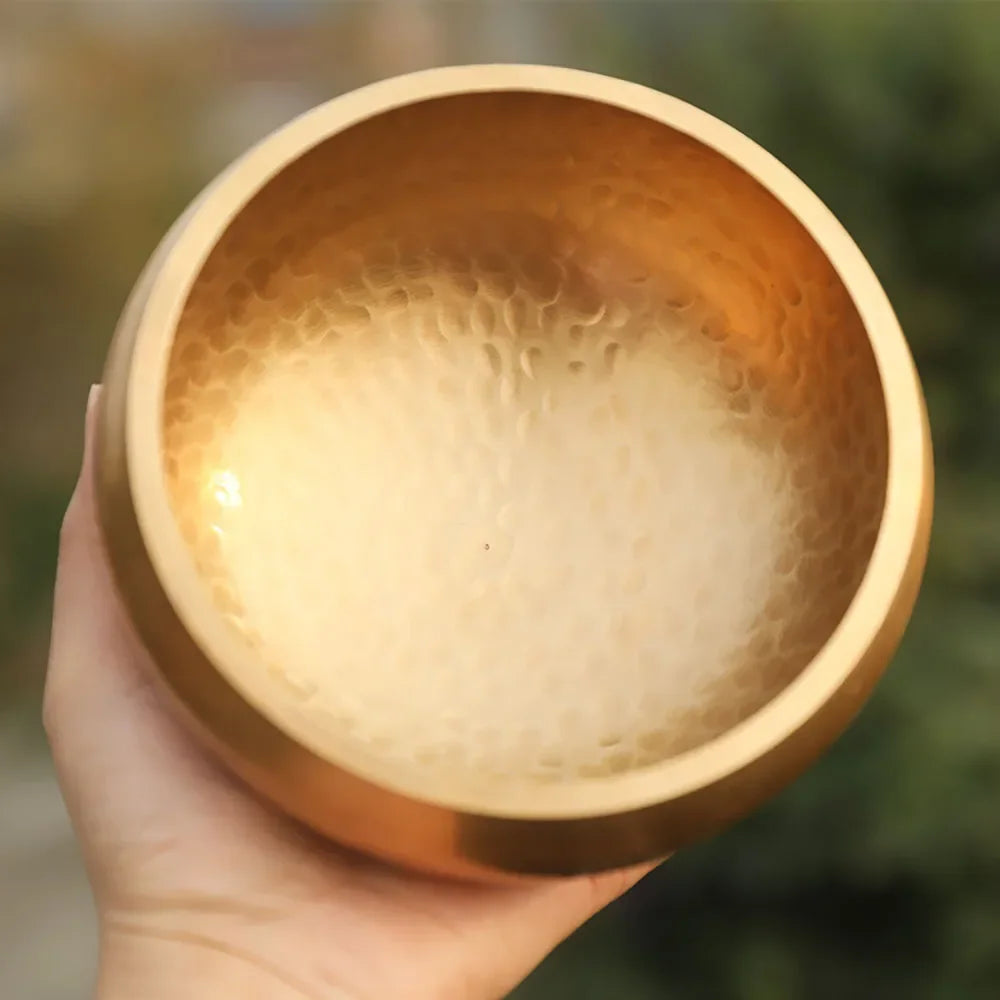 Hand holding a bronze singing bowl with a blurred natural background