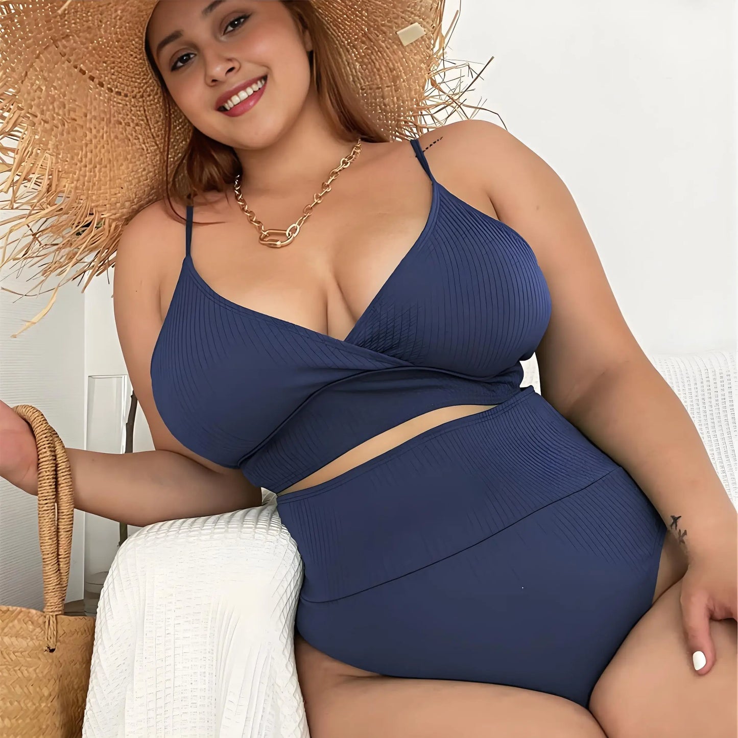Plus Size Women's High Waist Bikini Swimwear Set Tummy Control