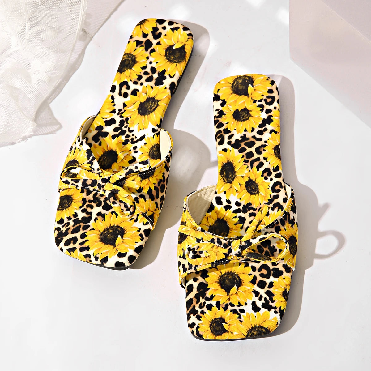 Woman Sunflower Bowknot Design Mule Slip-on Flat Shoes