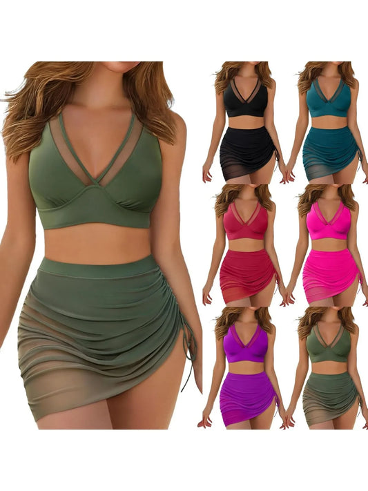 Women's 2 Piece High Waisted Swimwear Bikini Set with Sarong Wrap