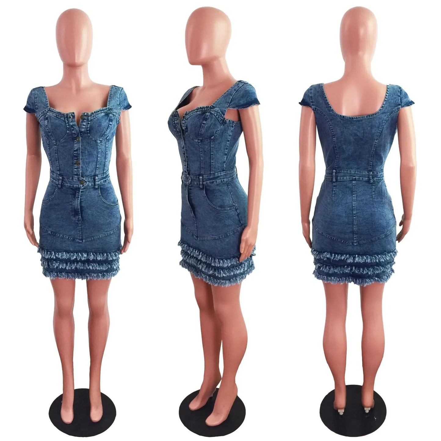 Woman's Short Sleeve Denim Tassel Dress with Hip Pockets