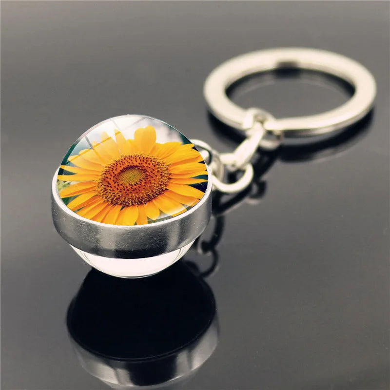 Sunflower Pattern Double Sided Glass Ball Keychain Pendant.