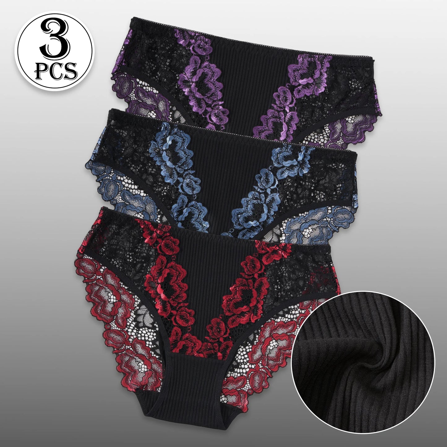 Women's 3PCS Contrast Lace Striped Cotton Briefs.