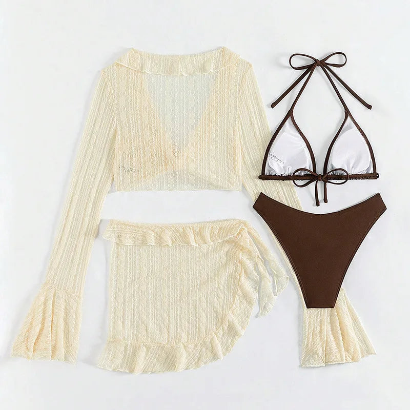 Women's 4 Piece Bikini Swimwear With Trim Cover Up Swimsuit Set
