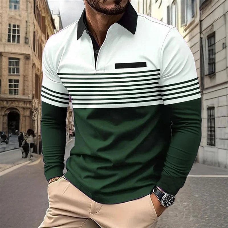 Men's Horizontal Stripes Graphic Athleisure Polo Long Sleeve Shirt