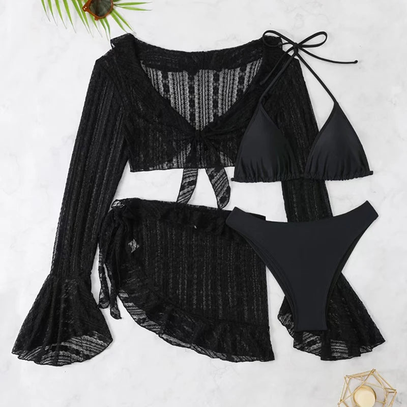 Women's 4 Piece Bikini Swimwear With Trim Cover Up Swimsuit Set