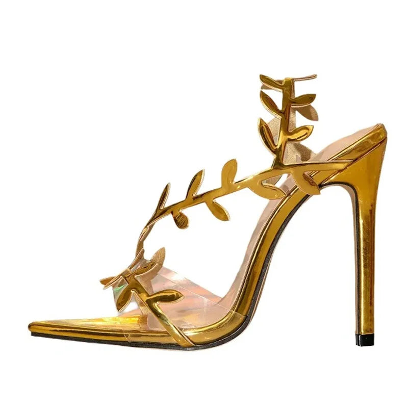 Women Elegant Leather Leaf Pointed Toe Gold High Heels.