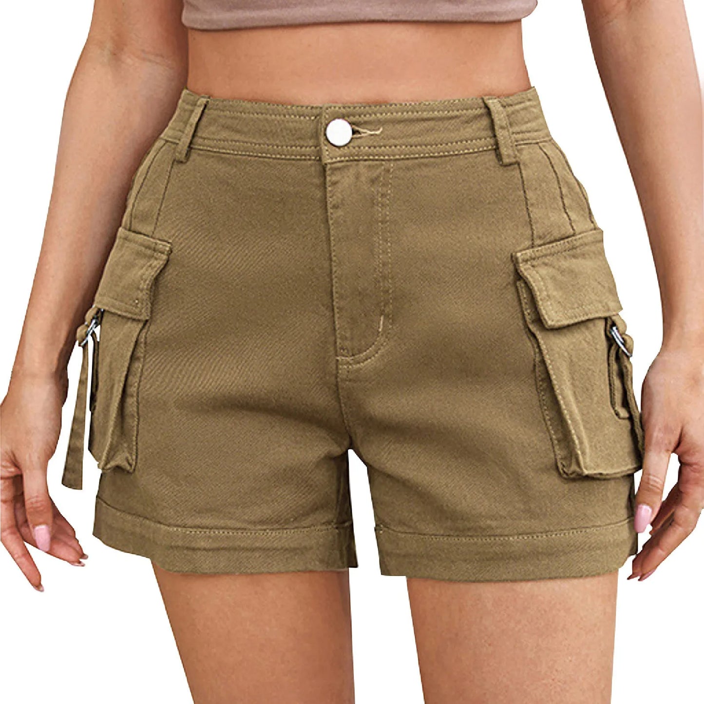 Cargo Knee Length Elastic Waist Shorts For Women.