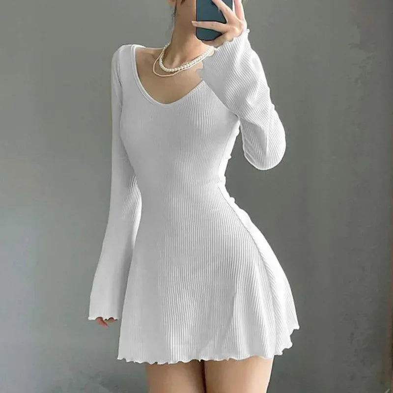 White Long Sleeve Flare Dress