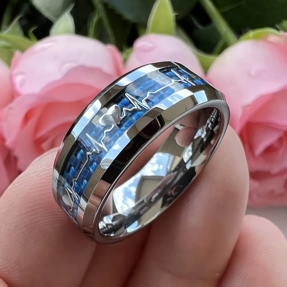 Fashion Black Carbon Fiber Heart Inlay Tungsten Carbide Engagement Rings Wedding Bands Domed Polished Shiny Comfort Fit