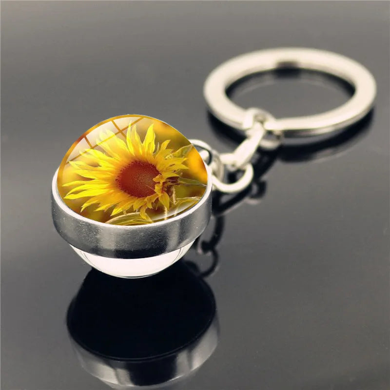 Sunflower Pattern Double Sided Glass Ball Keychain Pendant.