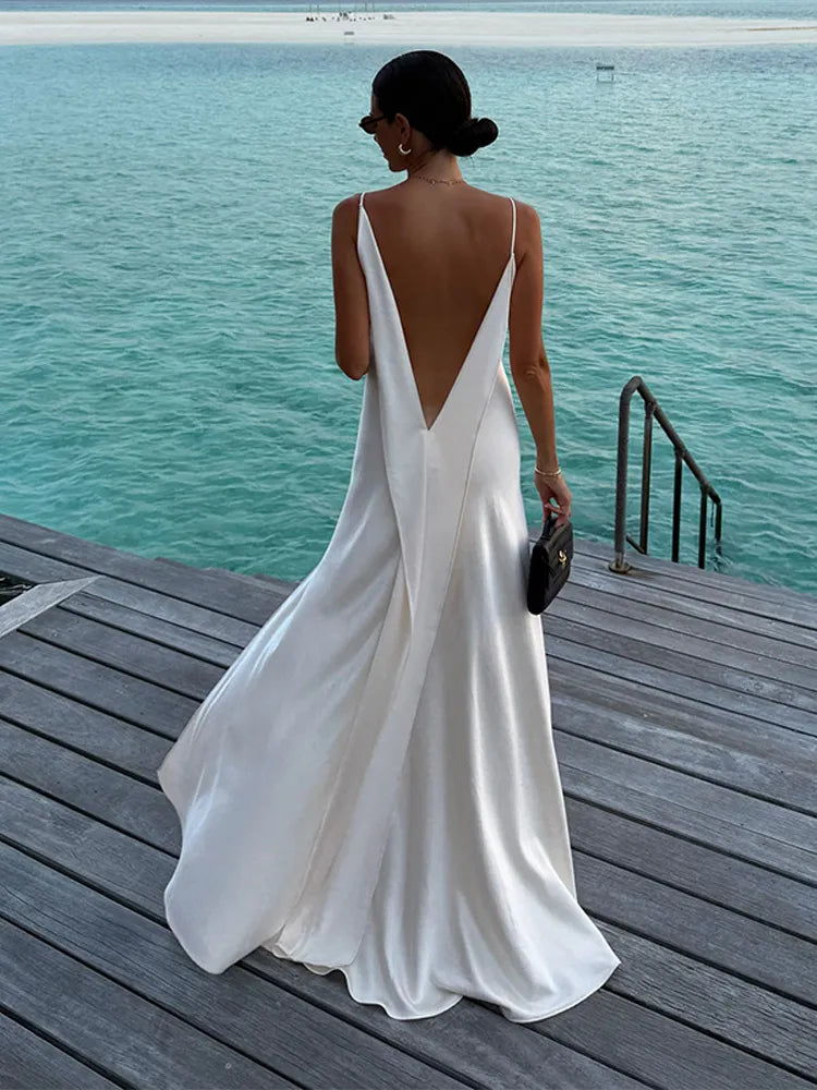 Women's Luxury White Satin Backless Veatido Dress
