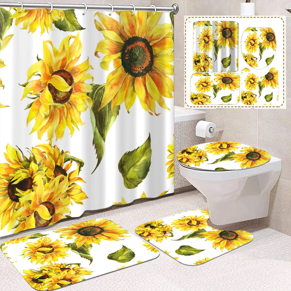1 Set Of Yellow Sunflower Flower Oil Painting Printed Shower Curtains, Summer Style, With 12 Hooks And Bathroom Floor Mats
