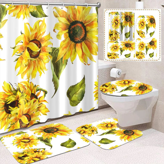 1 Set Of Yellow Sunflower Flower Oil Painting Printed Shower Curtains, Summer Style, With 12 Hooks And Bathroom Floor Mats