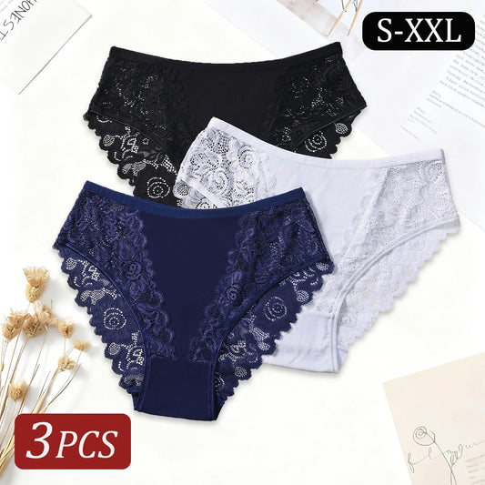 Women's 3PCS Elegant Lace Cotton Panties.