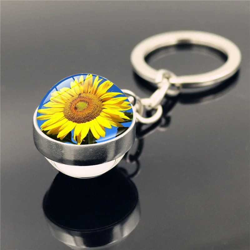 Sunflower Pattern Double Sided Glass Ball Keychain Pendant.