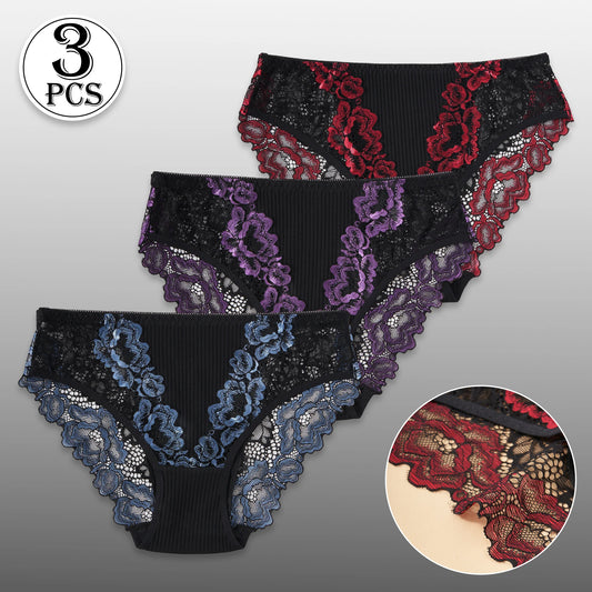 Women's 3PCS Contrast Lace Striped Cotton Briefs.