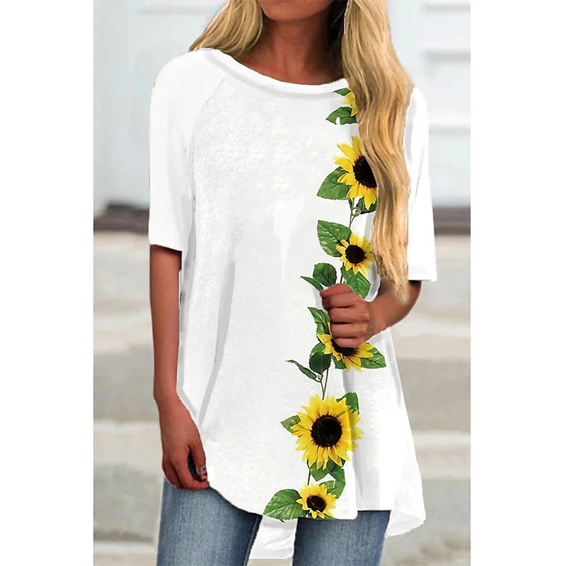 Summer Sunflower Floral 3D Print Long T-Shirt
