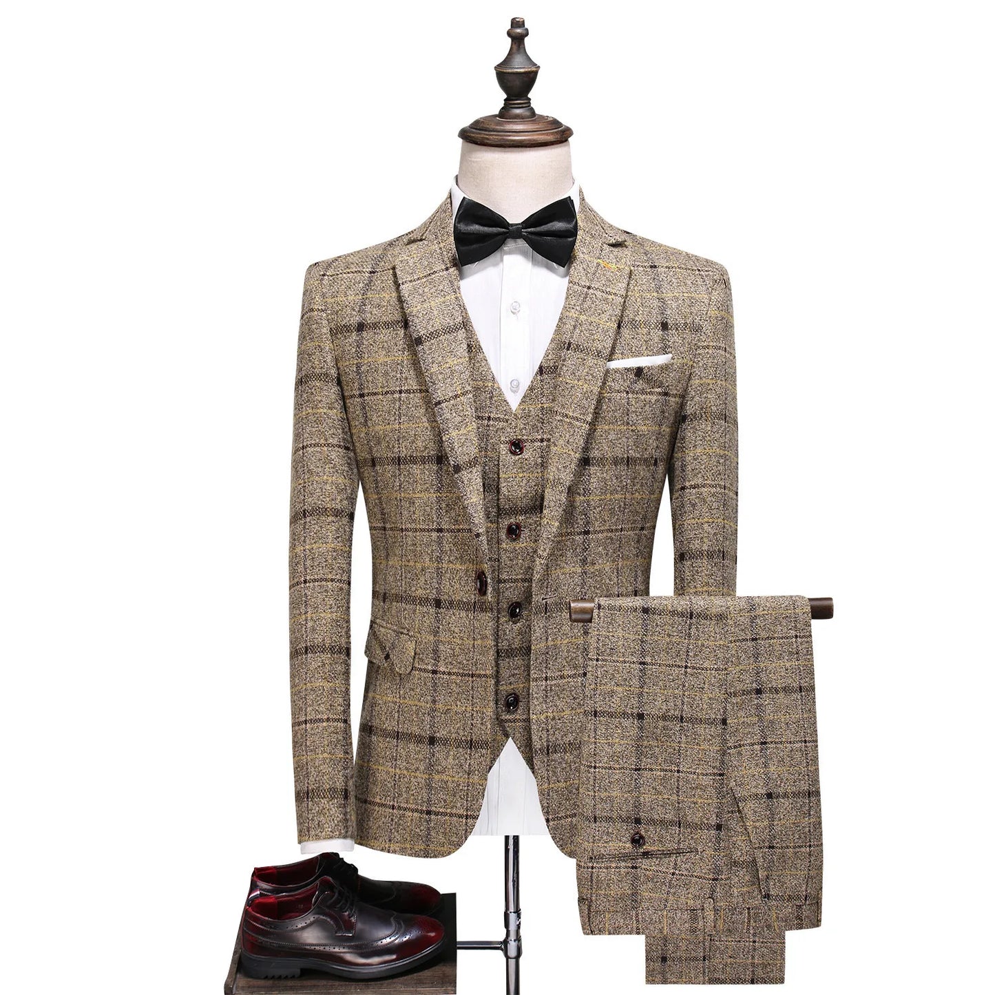 British Style Retro Plaid Single-breasted Long Sleeve Men Three-piece Suits