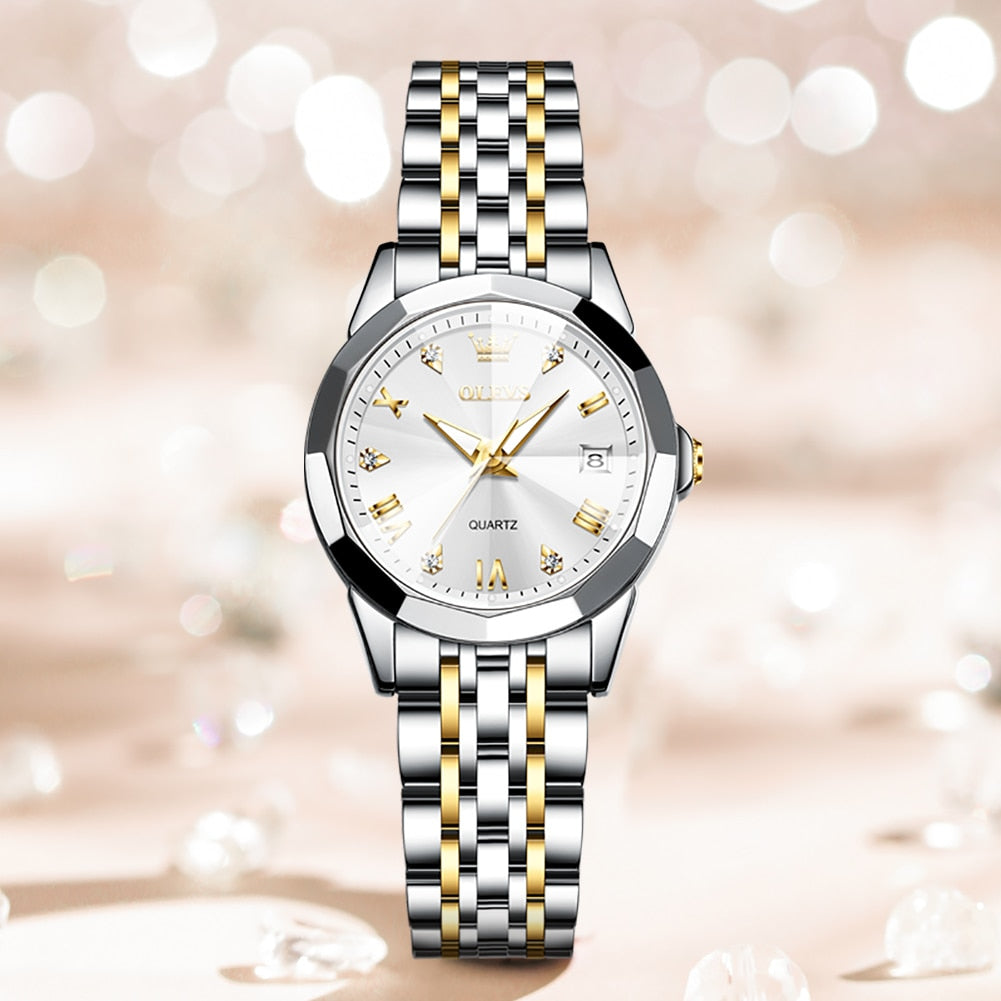 OLEVS Top Brand Women's Watches Elegant Rhombus Mirror Original Quartz Ladies Wristwatch Stainless Steel Waterproof Luminous New