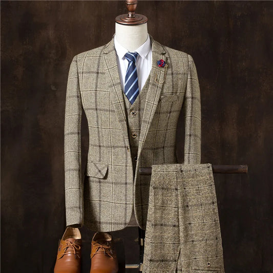 Men's Vintage Plaid Three-piece Slim Suit