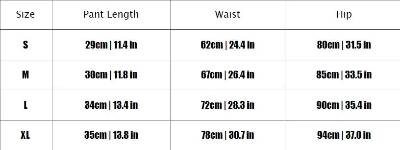 Table displaying pant length, waist, and hip measurements for sizes S, M, L, and XL.
