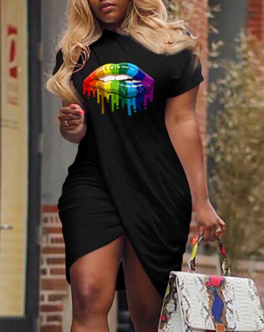 Women Eyes Print Overlap Casual Dress