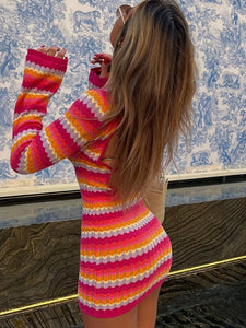 Women Long Sleeved Colored Stripes Mini Dress