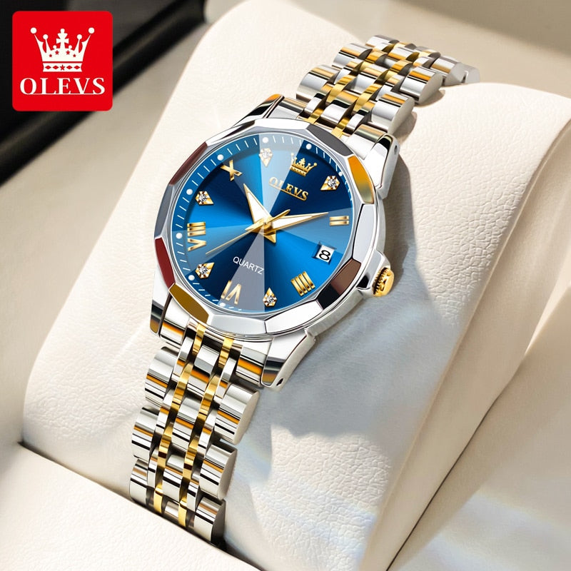 OLEVS Top Brand Women&#39;s Watches Elegant Rhombus Mirror Original Quartz Ladies Wristwatch Stainless Steel Waterproof Luminous New