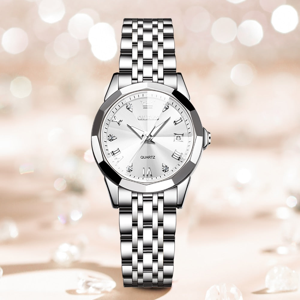 OLEVS Top Brand Women's Watches Elegant Rhombus Mirror Original Quartz Ladies Wristwatch Stainless Steel Waterproof Luminous New