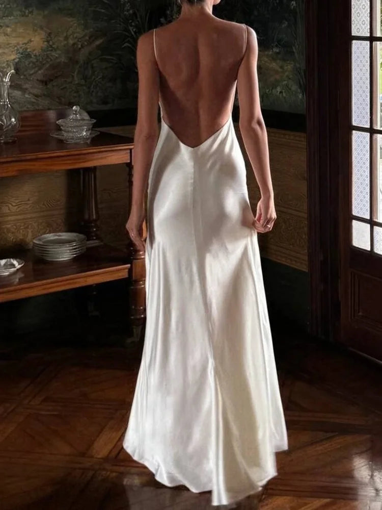 Women's Luxury White Satin Backless Veatido Dress