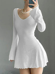 White Long Sleeve Flare Dress